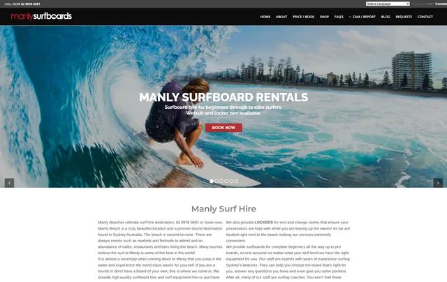 Screenshot of the Manly Surf Hire homepage, supplied by WOTS